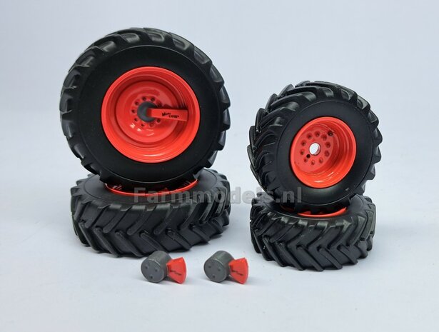 COMBI SET: 2x &Oslash; 48.2 mm + 2x &Oslash; 63.1 mm: Fendt 618-620 UH Bandenset geleverd incl. eindvertragingen vooras en Vario Grip luchtdrukwisselsysteem afdekkappen 1:32 