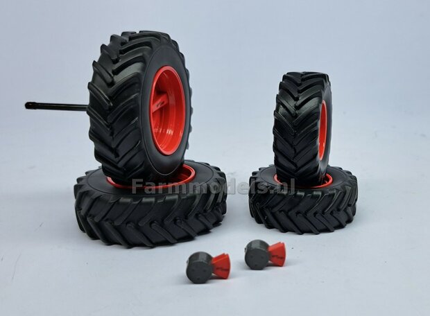 COMBI SET: 2x &Oslash; 48.2 mm + 2x &Oslash; 63.1 mm: Fendt 618-620 UH Bandenset geleverd incl. eindvertragingen vooras en Vario Grip luchtdrukwisselsysteem afdekkappen 1:32 