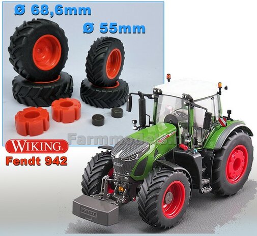 COMBI SET: 2x &Oslash; 55 mm + 2x &Oslash; 68.6 mm: Fendt 942 WIKING Bandenset geleverd incl. eindvertragingen vooras en wielgewichten achteras 1:32 