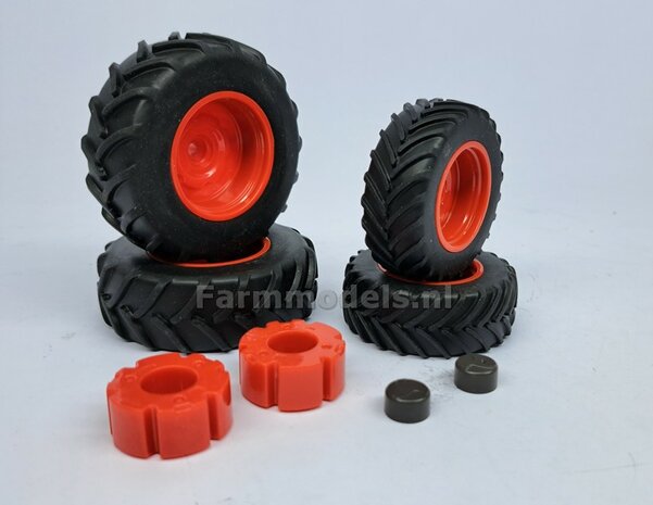 COMBI SET: 2x &Oslash; 55 mm + 2x &Oslash; 68.6 mm: Fendt 942 WIKING Bandenset geleverd incl. eindvertragingen vooras en wielgewichten achteras 1:32 