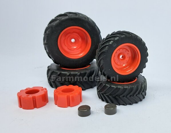 COMBI SET: 2x &Oslash; 55 mm + 2x &Oslash; 68.6 mm: Fendt 942 WIKING Bandenset geleverd incl. eindvertragingen vooras en wielgewichten achteras 1:32 