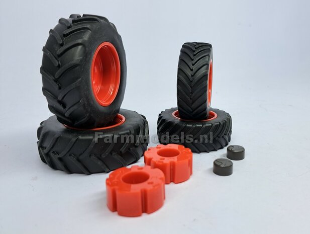 COMBI SET: 2x &Oslash; 55 mm + 2x &Oslash; 68.6 mm: Fendt 942 WIKING Bandenset geleverd incl. eindvertragingen vooras en wielgewichten achteras 1:32 