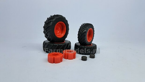 COMBI SET: 2x &Oslash; 55 mm + 2x &Oslash; 68.6 mm: Fendt 942 WIKING Bandenset geleverd incl. eindvertragingen vooras en wielgewichten achteras 1:32 