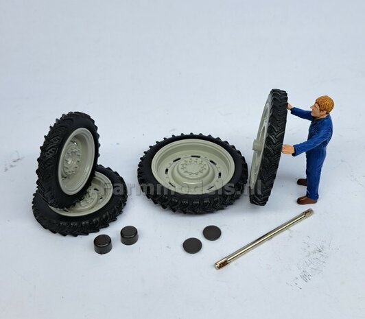 COMBI SET: 2x &Oslash; 46.5 mm + 2x &Oslash; 59 mm: CULTUURWIELEN SET MASSEY FERGUSON LICHT GRIJS Gespoten geleverd   Voor- + achteras   1:32