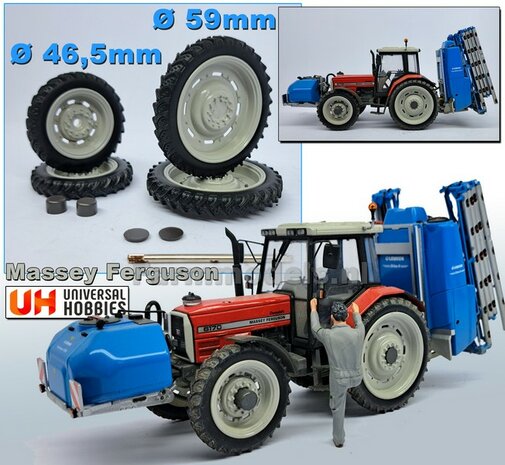 COMBI SET: 2x &Oslash; 46.5 mm + 2x &Oslash; 59 mm: CULTUURWIELEN SET MASSEY FERGUSON LICHT GRIJS Gespoten geleverd   Voor- + achteras   1:32