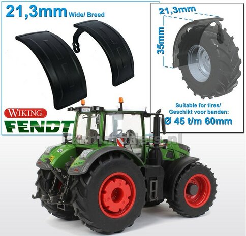 2x Zwarte Spatborden met steun 21.3 mm breed, universeel te gebruiken, Origineel spatbord afkomstig van de Fendt 942 van Wiking  1:32