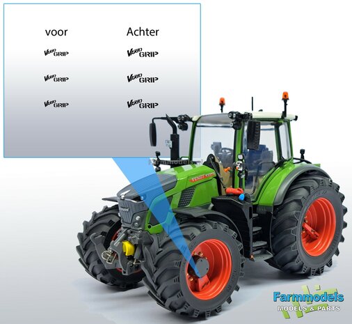 Fendt Vario Grip logo&#039;s, zwart op transparante folie 3x voor en 3x achter, Pr&eacute;-Cut-Decals-1:32-Farmmodels.nl