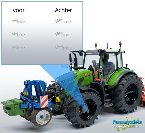 Fendt Vario Grip logo&#039;s, grijs op transparante folie 3x voor en 3x achter, Pr&eacute;-Cut-Decals-1:32-Farmmodels.nl