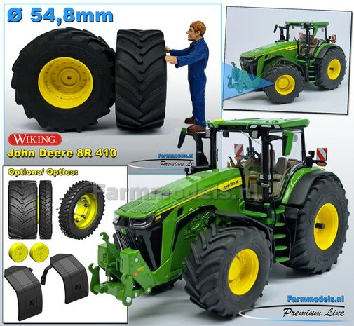 &Oslash; 54.8 x 25.8 mm: JD 8R 410: 2x Michelin Axiobib2 Banden + RESIN Velgen JOHN DEERE GEEL gespoten  1:32  Farmmodels Premium Line Series 