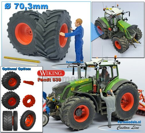 &Oslash; 70.3 x 30.4 mm: FENDT 939 Facelift Wiking: 2x Michelin Axiobib2 Banden + Resin Velgen FENDT ROOD Gespoten + MESSING AS en POLY-STRIP 1:32  BEGIN JUNI LEVERBAAR