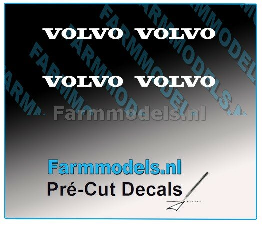 4x VOLVO wit op transparant afmeting 2,5 mm hoog x 18 Breed Decals 1:32 Farmmodels.nl