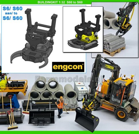 BOUWKIT: Engcon EC219 Draaikantelstuk met gripper S60 Koppeling naar S60 koppeling. Materiaal: RESIN BLANK geleverd 1:32 