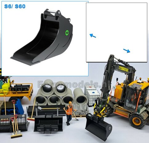 Rioolbak 25 mm breed ZWART MATT gespoten t.b.v. S60 KOPPELING (o.a. Engcon draaikantelstuk met S60 koppeling, Volvo EWR150 &amp; Atlas  160W mobiele kranen van AT) 1:32  