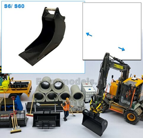 Banaanbak 15.6 mm Breed ZWART MATT gespoten t.b.v. S60 KOPPELING (o.a. Engcon draaikantelstuk met S60 koppeling, Volvo EWR150 &amp; Atlas  160W mobiele kranen van AT) 1:32  