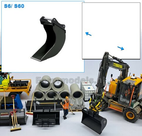 Banaanbak 12.5 mm Breed ZWART MATT gespoten t.b.v. S60 KOPPELING (o.a. Engcon draaikantelstuk met S60 koppeling, Volvo EWR150 &amp; Atlas  160W mobiele kranen van AT) 1:32  