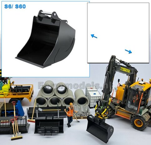 Dieplepelbak 37.5 mm breed RESIN Blank geleverd t.b.v. S60 KOPPELING (o.a. Engcon draaikantelstuk met S60 koppeling, Volvo EWR150 &amp; Atlas  160W mobiele kranen van AT) 1:32  