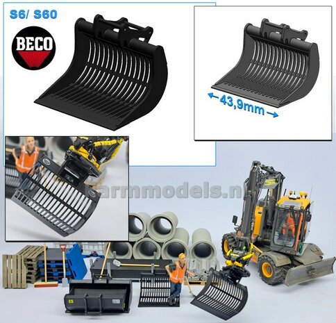 Puinriek 43.9 mm breed ZWART MATT gespoten t.b.v. S60 KOPPELING (o.a. Engcon draaikantelstuk met S60 koppeling, Volvo EWR150 &amp; Atlas  160W mobiele kranen van AT) 1:32  