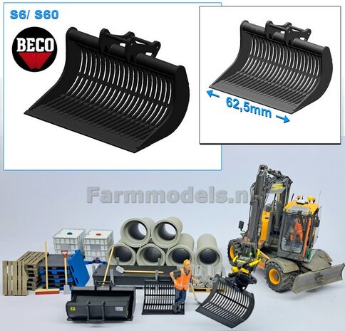 Puinriek 62.5 mm breed ZWART MATT gespoten t.b.v. S60 KOPPELING (o.a. Engcon draaikantelstuk met S60 koppeling, Volvo EWR150 &amp; Atlas  160W mobiele kranen van AT) 1:32  