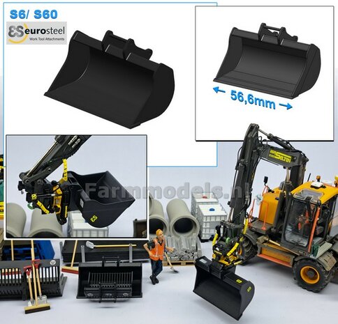 Slotenbak 56.5 mm breed  ZWART MATT gespoten t.b.v. S60 KOPPELING (o.a. Engcon draaikantelstuk met S60 koppeling, Volvo EWR150 &amp; Atlas  160W mobiele kranen van AT) 1:32  