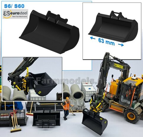 Slotenbak 63 mm breed  ZWART MATT gespoten t.b.v. S60 KOPPELING (o.a. Engcon draaikantelstuk met S60 koppeling, Volvo EWR150 &amp; Atlas  160W mobiele kranen van AT) 1:32  