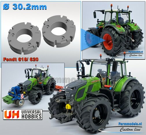 &Oslash;30.2 mm x 8 .2mm hoog: 2x FENDT 620 UH WIELGEWICHTEN voor velgen met  Brede Trelleborg banden RESIN  BLANK Geleverd  1:32  Farmmodels Premium Line  