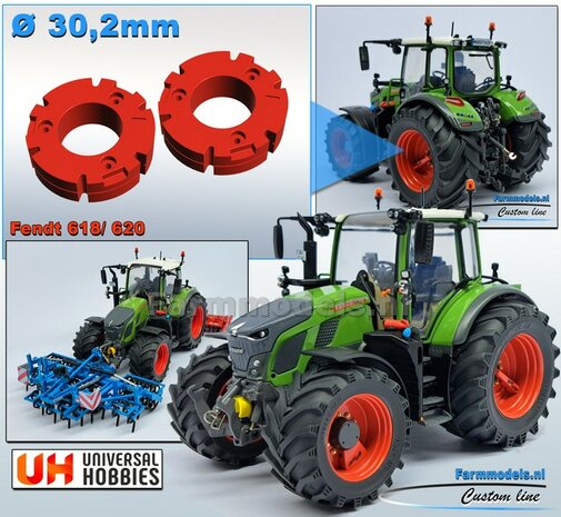 &Oslash;30.2 mm x 8.2 mm hoog: 2x FENDT 620 UH WIELGEWICHTEN voor velgen met Brede Trelleborg  banden &nbsp;Resin FENDT TERRA-RED ROOD Gespoten geleverd &nbsp;1:32 &nbsp; Farmmodels Premium Line