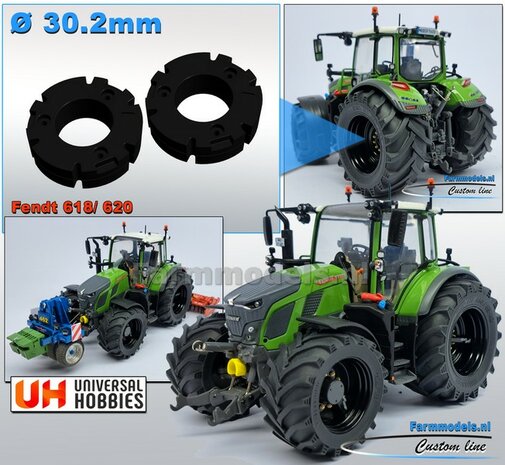 &Oslash;30.2 mm x 8.2 mm hoog: 2x FENDT 620 UH WIELGEWICHTEN voor velgen met brede Trelleborg banden&nbsp;Resin ZWART GLANS Gespoten geleverd &nbsp;1:32 &nbsp; Farmmodels Premium Line  