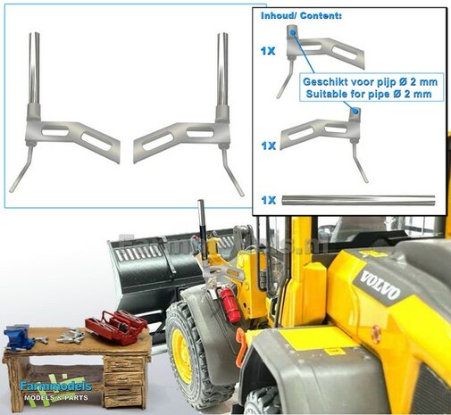 2x (SHOVEL) MACHINE STEUNEN + 2x ALUMINIUM PIJP &Oslash; 2mm x 25mm t.b.v. montage (TOPCON) Machine Ontvangers RESIN onderdelen BLANK geleverd  1:32                
