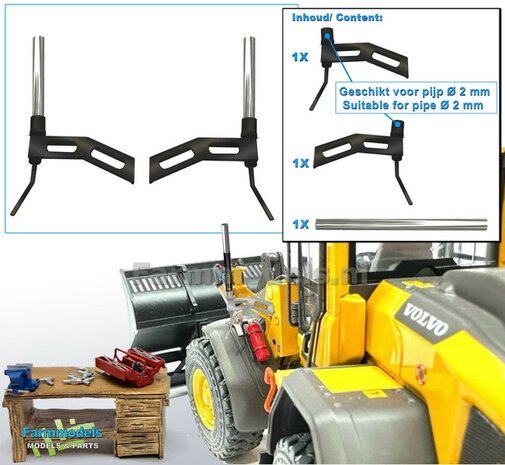 2x (SHOVEL) MACHINE STEUNEN + 2x ALUMINIUM PIJP &Oslash; 2mm x 25mm t.b.v. montage (TOPCON) Machine Ontvangers RESIN onderdelen ZWART GLANS Gespoten geleverd  1:32                