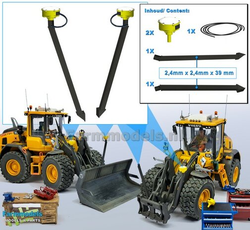 2x TRIMBLE GPS STEUNEN VOLVO GRIJS gemonteerd en gespoten + demontabele TRIMBLE GPS ontvanger / bol in KLEUR geleverd + losse stroomdraad 1:32