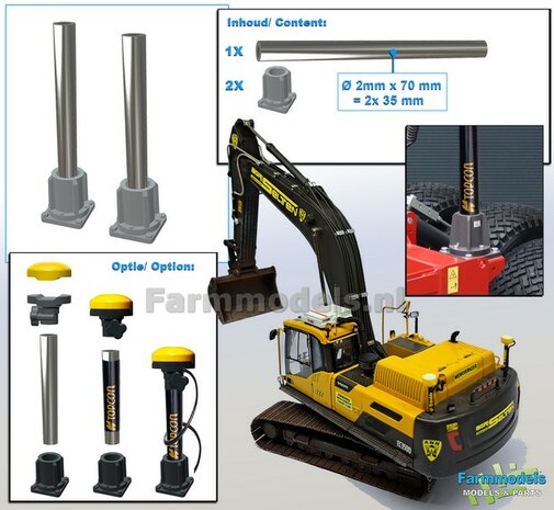 2x MACHINE STEUN KORT + 2x ALUMINIUM PIJP &Oslash; 2mm x 30mm t.b.v. montage diverse (TOPCON) Machine Ontvangers RESIN onderdelen BLANK geleverd  1:32                