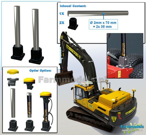 2x MACHINE STEUN KORT + 2x ALUMINIUM PIJP &Oslash; 2mm x 30mm t.b.v. montage diverse (TOPCON) Machine Ontvangers RESIN onderdelen ZWART GLANS Gespoten geleverd  1:32                