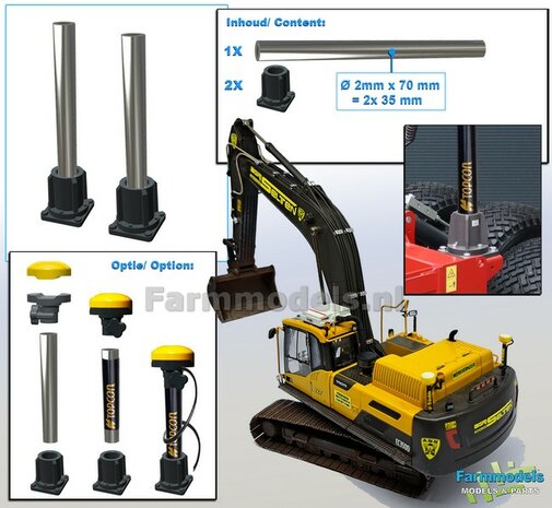 2x MACHINE STEUN KORT + 2x ALUMINIUM PIJP &Oslash; 2mm x 30mm t.b.v. montage diverse (TOPCON) Machine Ontvangers RESIN onderdelen ANTRACIET Gespoten geleverd  1:32                