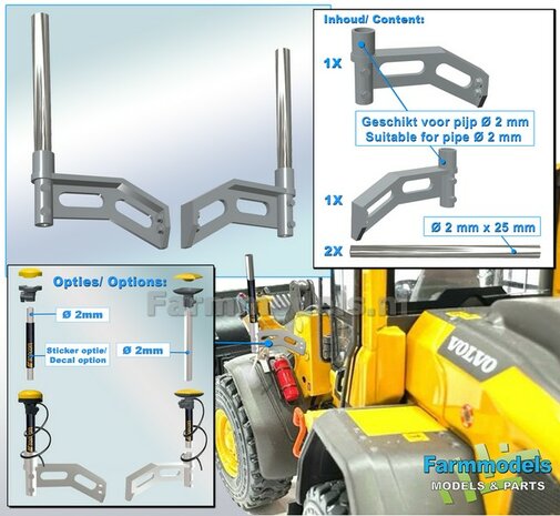 2x (SHOVEL) MACHINE STEUNEN + 2x ALUMINIUM PIJP &Oslash; 2mm x 25mm t.b.v. montage (TOPCON) Machine Ontvangers RESIN onderdelen BLANK geleverd  1:32                