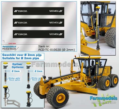 3x TOPCON logo&#039;s ZILVER/ ZWART, Geschikt voor &quot;Omwikkelen&quot; PIJP &Oslash; 2mm   1:32  Farmmodels.nl