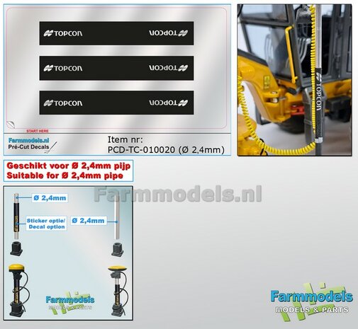 3x TOPCON logo&#039;s ZILVER/ ZWART, Geschikt voor &quot;Omwikkelen&quot; PIJP &Oslash; 2.4mm   1:32  Farmmodels.nl