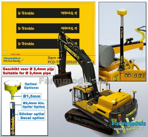 3x TRIMBLE logo&#039;s GEEL/ ZWART, Geschikt voor &quot;Omwikkelen&quot; PIJP &Oslash; 2.4mm   1:32  Farmmodels.nl