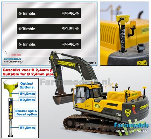 3x TRIMBLE logo&#039;s ZILVER/ ZWART, Geschikt voor &quot;Omwikkelen&quot; PIJP &Oslash; 2.4mm   1:32  Farmmodels.nl