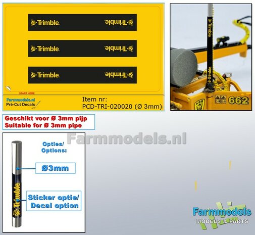 3x TRIMBLE logo&#039;s GEEL/ ZWART, Geschikt voor &quot;Omwikkelen&quot; PIJP &Oslash; 3mm   1:32  Farmmodels.nl