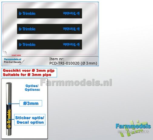 3x TRIMBLE logo&#039;s ZILVER BLAUW/ ZWART, Geschikt voor &quot;Omwikkelen&quot; PIJP &Oslash; 3mm   1:32  Farmmodels.nl