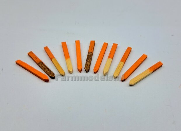 10x PIKET PAALTJES HOUT/ ORANJE met aangescherpte punt  Handgemaakt 1:32  