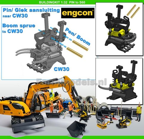 BOUWKIT: Engcon EC219 Draaikantelstuk met gripper Giekaansluiting Pennen Koppeling naar CW30 koppeling bak &amp; hulpstukken. Materiaal: RESIN BLANK geleverd 1:32 