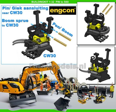 BOUWKIT: Engcon EC219 Draaikantelstuk met gripper Giekaansluiting Pen Koppeling naar CW30 koppeling bak &amp; hulpstukken. Resin ZWART GLANS en GEEL Gespoten geleverd 1:32 