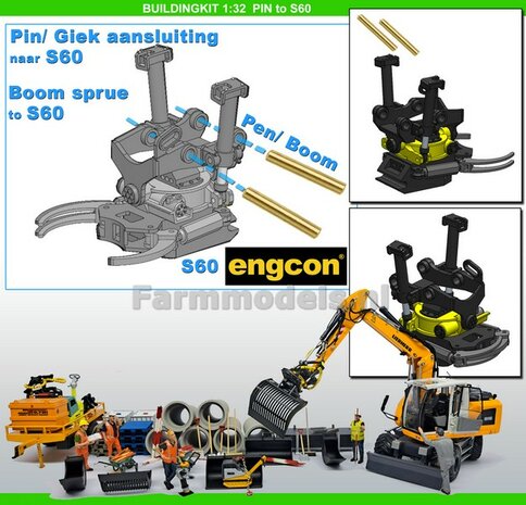 BOUWKIT: Engcon EC219 Draaikantelstuk met gripper Giekaansluiting Pennen Koppeling naar S60 koppeling bak &amp; hulpstukken. Materiaal: RESIN BLANK geleverd 1:32 