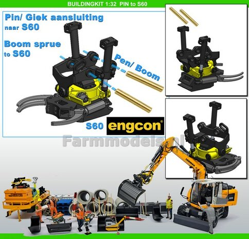 BOUWKIT: Engcon EC219 Draaikantelstuk met gripper Giekaansluiting Pennen Koppeling naar S60 koppeling bak &amp; hulpstukken. Mat: Resin ZWART GLANS en GEEL Gespoten geleverd 1:32 