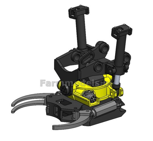 BOUWKIT: Engcon EC219 Draaikantelstuk met gripper Giekaansluiting Pennen Koppeling naar S60 koppeling bak &amp; hulpstukken. Mat: Resin ZWART GLANS en GEEL Gespoten geleverd 1:32 