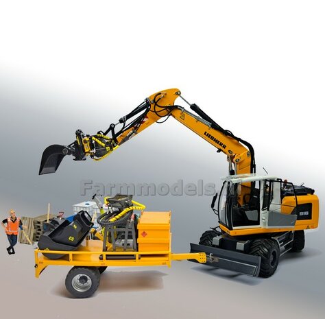 BOUWKIT: Engcon EC219 Draaikantelstuk met gripper Giekaansluiting Pennen Koppeling naar S60 koppeling bak &amp; hulpstukken. Mat: Resin ZWART GLANS en GEEL Gespoten geleverd 1:32 