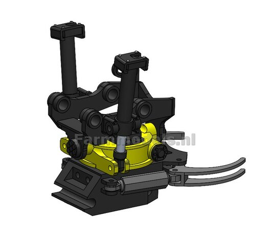 BOUWKIT: Engcon EC219 Draaikantelstuk met gripper Giekaansluiting Pennen Koppeling naar S60 koppeling bak &amp; hulpstukken. Mat: Resin ZWART GLANS en GEEL Gespoten geleverd 1:32 
