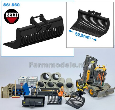 Puinriek 62.5 mm breed ZWART MATT gespoten t.b.v. S60 KOPPELING (o.a. Engcon draaikantelstuk met S60 koppeling, Volvo EWR150 &amp; Atlas  160W mobiele kranen van AT) 1:32  