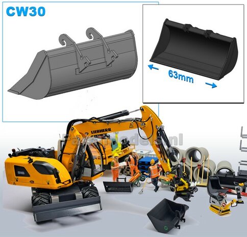 Slotenbak 63 mm breed RESIN Blank geleverd t.b.v. CW30 KOPPELING (o.a. Engcon draaikantelstuk met CW30 koppeling) 1:32  